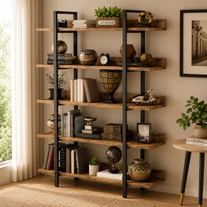 Industrielles Bücherregal, 5-stöckiges Bücherregal aus Holz und Metall, rustikales Leiterregal, hohes offenes Regal für das Wohnzimmer
