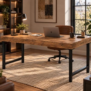 May include: A rectangular desk with a rustic brown wood-grain surface and a sturdy black metal frame. The desk features four straight legs connected by horizontal support bars, providing a stable base for a workspace setup in a home office.