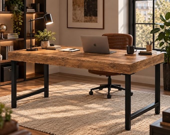 Escritorio de oficina industrial de 55" | Escritorio de computadora de madera rústica | Mesa de oficina en casa estilo granja con patas de metal