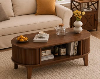 Oval Coffee Table, Walnut Wood Coffee Table with Hidden Storage, Mid-Century Retro Table with Flip-Top Compartments
