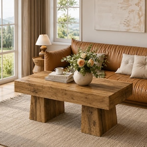 Peut inclure: Une table basse rectangulaire en bois avec un plateau épais et deux pieds piédestaux larges et effilés. Sur la table se trouvent un vase en céramique blanche rempli de roses pêche et d'eucalyptus, une tasse blanche et deux livres empilés.