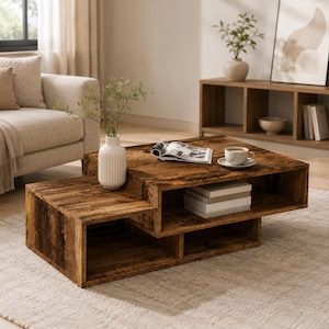 Puede incluir: Una mesa de centro escalonada de madera marrón oscura con acabado desgastado. La mesa cuenta con varios compartimentos de almacenamiento abiertos, un jarrón blanco acanalado con vegetación, una revista abierta y una taza de cerámica blanca.