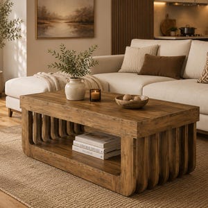 May include: A rectangular wooden coffee table with a natural brown finish, featuring a slatted base design and an open lower shelf. On the tabletop sits a cream-coloured ceramic vase with greenery, a small glass candle, and a wooden bowl with spheres.