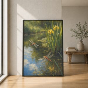 May include: A framed wall art print depicting a pond scene with two red dragonflies hovering over the water. The painting features tall green reeds, vibrant yellow iris flowers, and a reflection of the blue sky and clouds on the water surface.