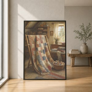 May include: A framed wall art print depicting a patchwork quilt in shades of red, blue, and cream draped over a wooden rack. The scene includes a basket of thread spools, a wooden chest, and a window with sheer curtains in a rustic room setting.