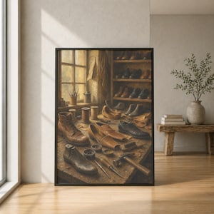 May include: A framed wall art print depicting a rustic cobbler workshop interior. The scene features a wooden workbench cluttered with leather shoes, a shoe last, spools of thread, a hammer, and various tools, with shelves of shoes in the background.