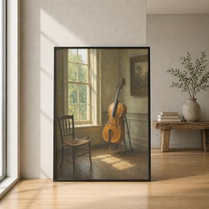 May include: A framed wall art print depicting a wooden cello standing on a metal stand next to a wooden chair with a bow resting on the seat. The scene is set in a room with a large window, soft natural light, and a framed painting on the wall.