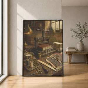 May include: A framed wall art print depicting a bookbinding workshop scene with a wooden book press, a stack of paper, spools of thread, a bone folder, scissors, and a brass lamp on a dark wooden workbench, all rendered in a warm, painterly style.