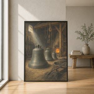 May include: A framed wall art print depicting a dark, rustic foundry interior with three large bronze-colored bells resting on a dirt floor. In the background, a glowing furnace emits warm light, while chains hang from wooden beams above.