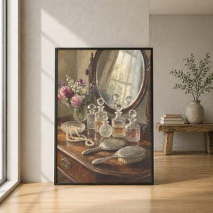 May include: A framed wall art print depicting a wooden vanity table with an oval mirror, a glass vase of pink and white flowers, several clear glass perfume bottles, a strand of white pearls in a small dish, and two silver-toned hairbrushes.