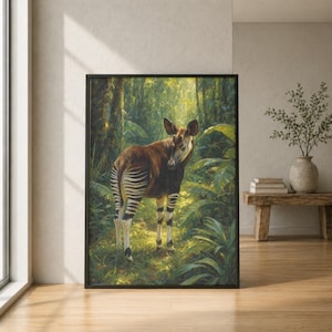 Okapi Print, Okapi Oil Painting, Rainforest Wildlife Wall Art, Jungle Animal Painting, Okapi Gift, African Animal Art