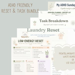 Peut inclure: Un ensemble numérique de planification pour le TDAH comprenant plusieurs pages imprimables. Les titres incluent My ADHD Sunday Reset, ADHD Meal Planning, Task Breakdown, Laundry Reset et Low-Energy Reset avec des cases à cocher.