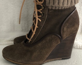 Chocolate Brown Leather and Suede Wedge Ankle Boots Vintage Chloe Size 5.5-6