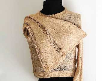 60s 70s style Open Knit Crochet Hippie BoHo Camel Tan Brown Bell Sleeve Crop Sweater Size S-M