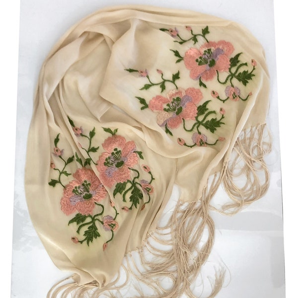 Antique 1920s Cream Beige Ivory Embroidered  Vintage Boho Silk BoHo Long Opera Silk Scarf