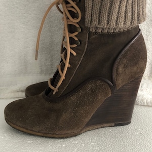 Chocolate Brown Leather and Suede Wedge Ankle Boots Vintage Chloe Size 5.5-6