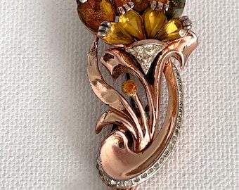 Vintage 1940s Retro Era Signed CoroCraft Sterling Rare Rose Gold Vermeil Citrine Amber Rhinestone Floral Brooch Pin Dress Fur Clip
