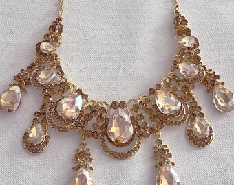Hand Made One-of-a-Kind Art Deco Antique Retro Vintage Style Honey Citrine Champagne Bronze Amber Rhinestone Chunky Statement Necklace