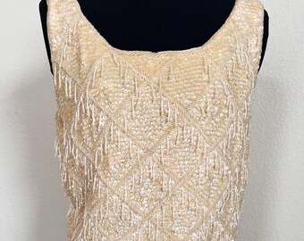 Vintage 50s 60s Beaded Sequins Cream Ivory Beige Knitted Bridal Tank Top Size Medium