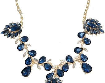 Gold Tone Antique Retro Style Art Deco Gatsby Dark Sapphire Blue Rhinestone Statement Wedding Bridal Prom Statement Necklace (18" inches)
