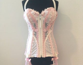 Hand Made Pink and White Flower and Lace Lolita Bridal French Maid Burlesque Costume Corset Bustier
