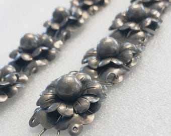 Pair of Large Vintage Sterling Silver Flower Statement Cuff Bracelet Hand Made in Mexico