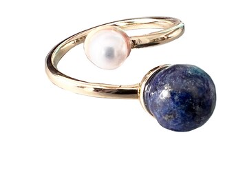 Minimalist Modern Adjustable Gold Tone Celestial Moon Artemis II Earth Day Genuine Pearl Lapis Lazuli Statement Ring (Size 5 - 7.5)