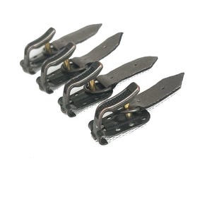 May include: Four antique-style metal clasps with a dark, aged finish. Each clasp features a curved hook and a leather strap, ideal for vintage projects or adding a rustic touch to crafts. The clasps are arranged diagonally.