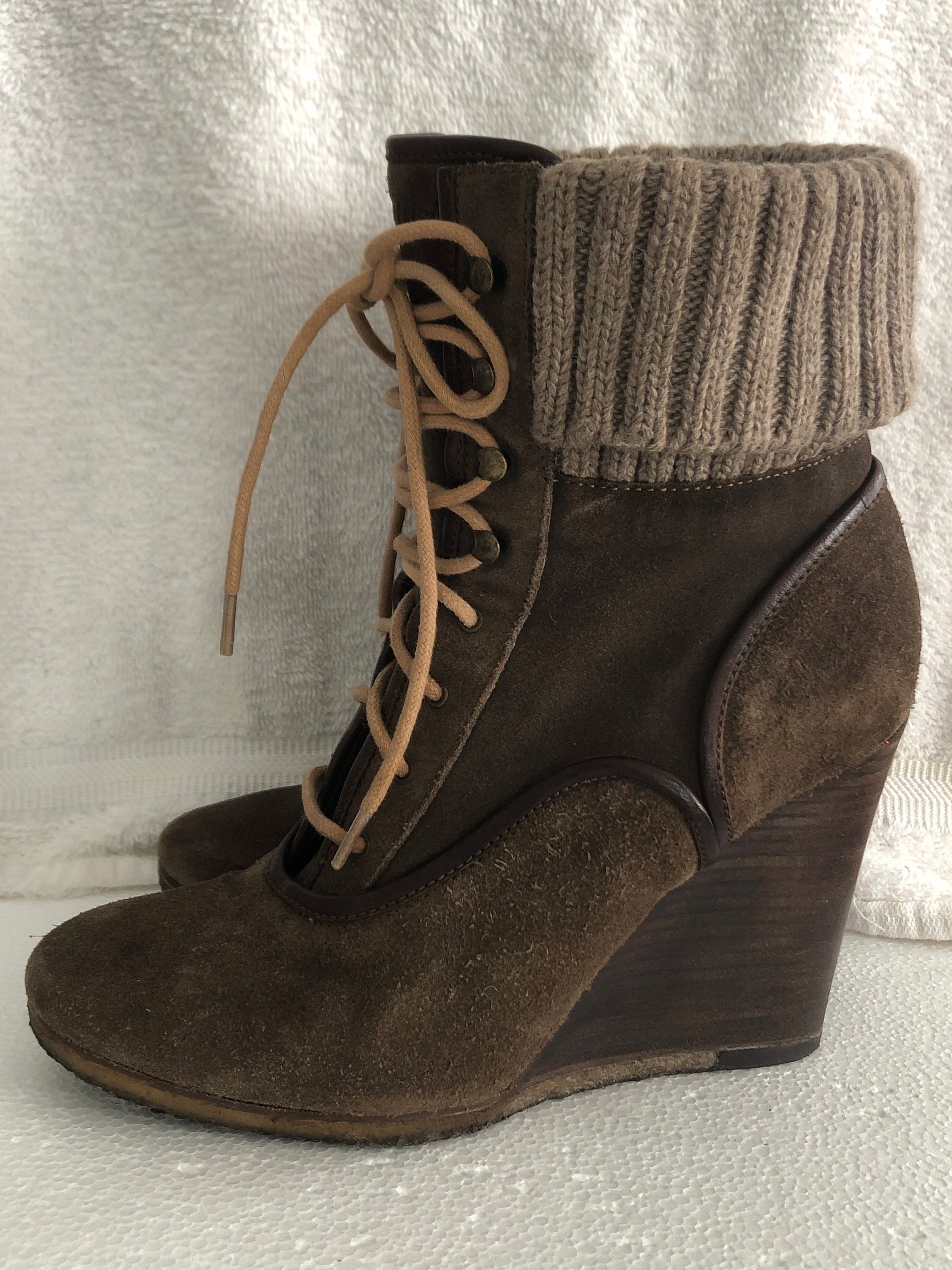 Chocolate Brown Leather and Suede Wedge Ankle Boots Vintage Chloe