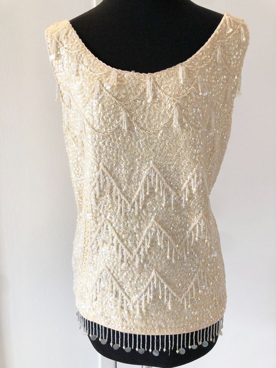 Vintage 50s 60s Beaded Sequins Cream Ivory Beige … - image 1