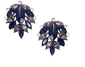 LARGE Art Deco Antique Vintage Retro Style Sapphire Blue Statement Chunky Rhinestone Cluster Earrings