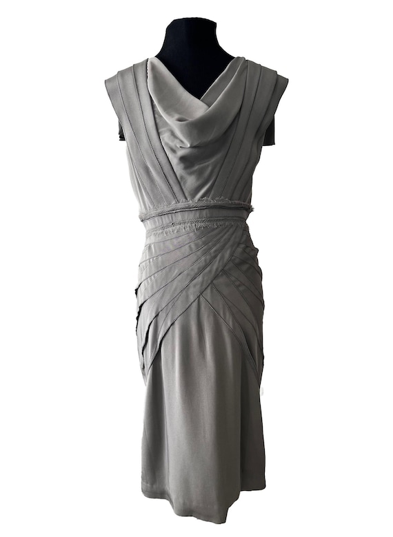Vintage Zac Posen Silver Grey 95% Silk Art Deco Sleeveless Party Cocktail Wedding Dress Size 6