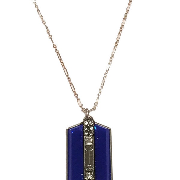 Sterling Silver Chain Art Deco Antique Vintage Style Blue Sapphire Rhinestone Geometric Pendant Necklace