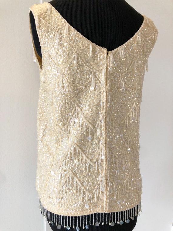 Vintage 50s 60s Beaded Sequins Cream Ivory Beige … - image 5