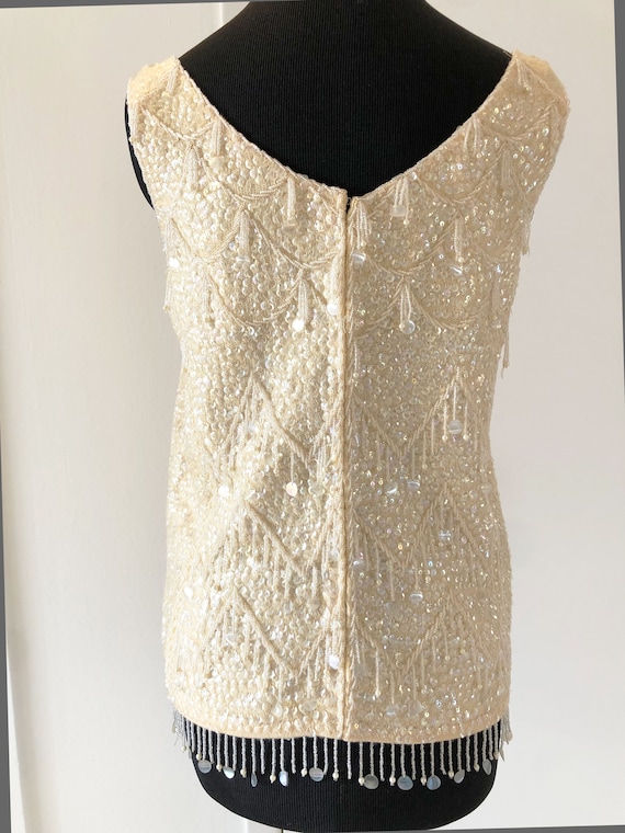 Vintage 50s 60s Beaded Sequins Cream Ivory Beige … - image 6