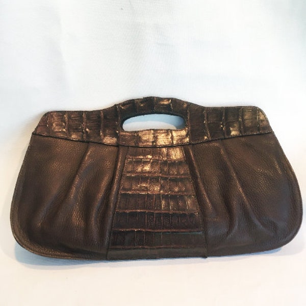 Extra Large Pristine 1980s Vintage Rich Chocolate Brown Reptile Leather Oversize Clutch Handbag Purse