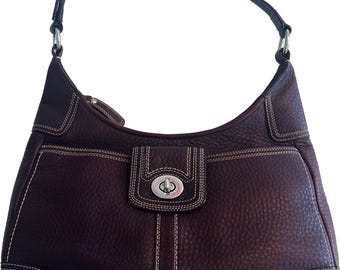 Rare 2009 Vintage Y2K Coach Hamilton Hamptons Dark Purple Wine Genuine Leather Contrast Stitching Hobo Shoulder Bag