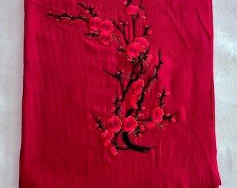 Japanese Sakura Cherry Blossom Lucky Chinese Lunar New Year Embroidered Burgundy Deep Red Cashmere Feel Scarf Pashmina Wrap (27" W x 75" L)