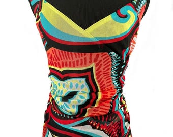 Vintage Y2K Red Turquoise Yellow Black Bold Print Summer Resort Desigual Eva Varro Style Sleeveless Salsa Dress (Size 4/6)