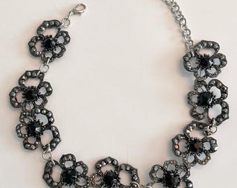 Hand Made One-of-a-Kind Vintage 40s 50s Retro Style Jet Marcasite Rhinestone Chunky Statement Choker Necklace 16" long