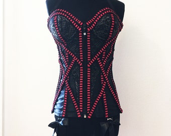 Hand Made Black and Red Goth Vamp Bridal French Maid Burlesque Costume Corset Bustier