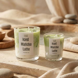 Könnte beinhalten: Zwei Glaskerzen gefüllt mit grünem und weißem Wachs, das einem Eismatcha-Latte ähnelt. Jede Kerze hat ein weißes rechteckiges Etikett mit dem Text Pure Candle Iced Matcha Latte. Das Wachs hat ein geschichtetes Aussehen mit Eiswürfelformen.