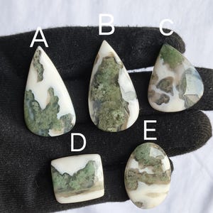 May include: Five polished moss agate cabochons labeled A through E. The stones feature a white base with green, moss-like inclusions. Shapes include three teardrops, one rectangle with rounded corners, and one oval, all displaying unique patterns.