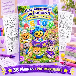 May include: A children's educational activity book titled Las Aventuras de Lumoru! Aprendiendo las Vocales, featuring a colorful illustration of cartoon animals, including a bear, elephant, fox, cat, and raccoon, surrounded by flowers.