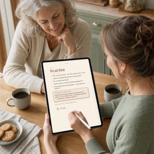 Könnte beinhalten: Ein digitales Tablet mit einem Fragebogen unter dem Titel Du als Kind, der deutsche Textaufforderungen und linierte Felder für handschriftliche Antworten zeigt, gehalten von einer Person mit einem weißen Eingabestift, neben zwei Tassen.