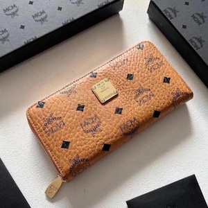 MCM Visetos Zip Around Wallet, Cognac & Black Long Wallet, Designer Monogram Purse