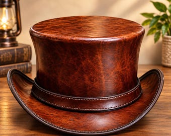 Handmade Genuine Leather Top Hat Western Cowboy Steampunk Gothic Vintage Brim Fedora Unisex