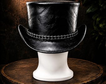 Handmade Black Leather Top hat for Men Women Steampunk Gothic Victorian Style Vintage Western Cowboy Fashion Punk Rock Cosplay Costume Party