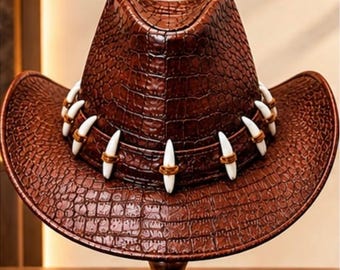 Handmade Crocodile Embossed Leather Cowboy Top Hat Western Wide Brim Gothic Steampunk Vintage Rancher Unique Statement