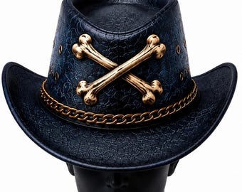 Handmade Genuine Leather Top Hat Cowboy Men's Steampunk Gothic Western with Skull Crossbones Vintage Biker Costume Halloween Festival Gift